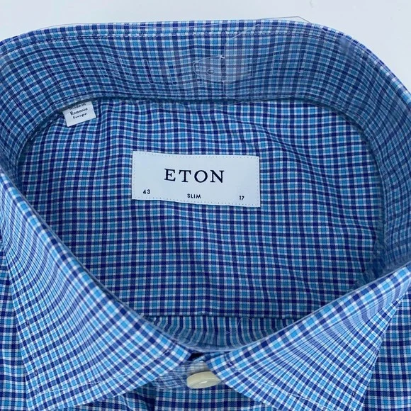 Eton Dress Shirt Mens XL 17 - 43 Slim Fit Blue White Plaid York Button Up